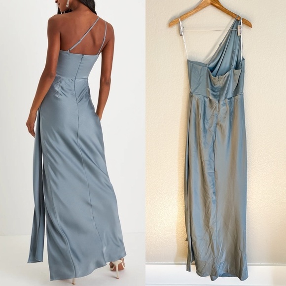 Signature Elegance Slate Blue Satin One-Shoulder Maxi Dress - Picture 3 of 6